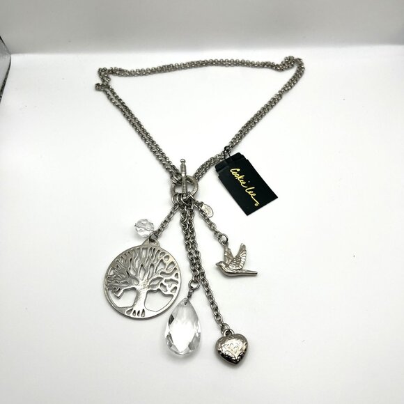 Cookie Lee Tree Of Life Silver Charm Necklace Bird Heart Crystal Accents NEW VTG - Picture 1 of 7